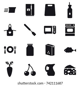 16 vector icon set : delivery, fridge, cutting board, apron, spatula, cherry, jug, cheese