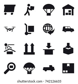 16 vector icon set : delivery, courier, parachute, warehouse, drone, cargo stroller, pickup, package