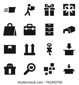 16 vector icon set : delivery, courier, gift, shopping bag, warehouse, package