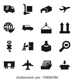 16 vector icon set : delivery, cargo stoller, warehouse, airplane, cruise ship, package