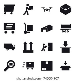 16 vector icon set : delivery, courier, drone, box, cargo stoller, warehouse, package