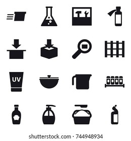 16 vector icon set : delivery, flask, tools, uv cream, cauldron, measuring cup, liquid soap, washing powder, toilet cleanser