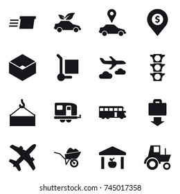16 vector icon set : delivery, eco car, car pointer, dollar pin, box, cargo stoller, journey, trailer, bus, baggage get, wheelbarrow, warehouse, tractor