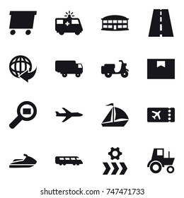 16 vector icon set : delivery, airport building, plane, sail boat, ticket, jet ski, tractor