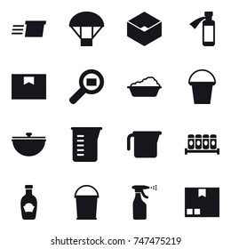 16 vector icon set : delivery, parachute, box, washing, bucket, cauldron, measuring cup, sprayer, package