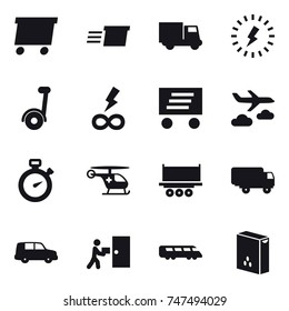 16 vector icon set : delivery, truck, lightning, segway, infinity power, journey, stopwatch