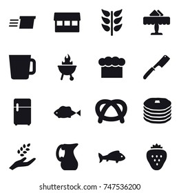 16 vector icon set : delivery, market, restaurant, cup, bbq, chef  hat, chef knife, harvest, jug, fish, strawberry