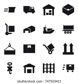 16 vector icon set : delivery, truck, warehouse, box, cargo stoller