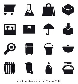 16 vector icon set : delivery, flask, shopping bag, box, tools, fridge, bucket, cauldron, barrel, trash bin, cleanser, washing powder