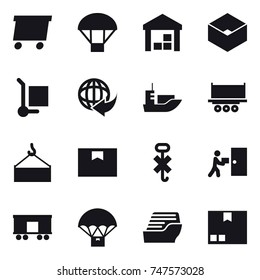 16 vector icon set : delivery, parachute, warehouse, box, cargo stroller, cruise ship, package