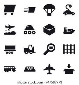 16 vector icon set : delivery, parachute, electric car, weather management, lunar rover, box, bus, taxi, airplane, package