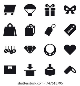 16 vector icon set : delivery, parachute, gift, bow, shopping bag, label, sale label, sale, diamond, necklace