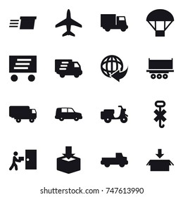 16 vector icon set : delivery, plane, truck, parachute, pickup, package