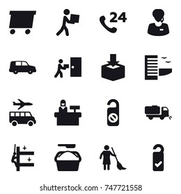 16 vector icon set : delivery, courier, hotel, transfer, reception, do not distrub, sweeper, skyscrapers cleaning, washing powder, brooming, please clean