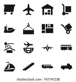 16 vector icon set : delivery, plane, warehouse, cargo stoller, bus, sail boat, stairs, pickup