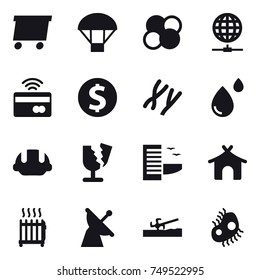 16 vector icon set : delivery, parachute, atom core, globe connect, tap to pay, dollar coin, building helmet, hotel, bungalow, radiator, soil cutter, microb