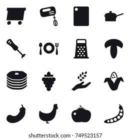 16 vector icon set : delivery, mixer, cutting board, saute pan, grape, harvest, corn, eggplant, chicken, tomato, peas