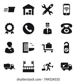 16 vector icon set : delivery, warehouse, pencil wrench, phone wireless, medal, phone, hotel, baggage trolley, do not distrub, sweeper, skyscapers cleaning, vacuum cleaner, home call cleaning
