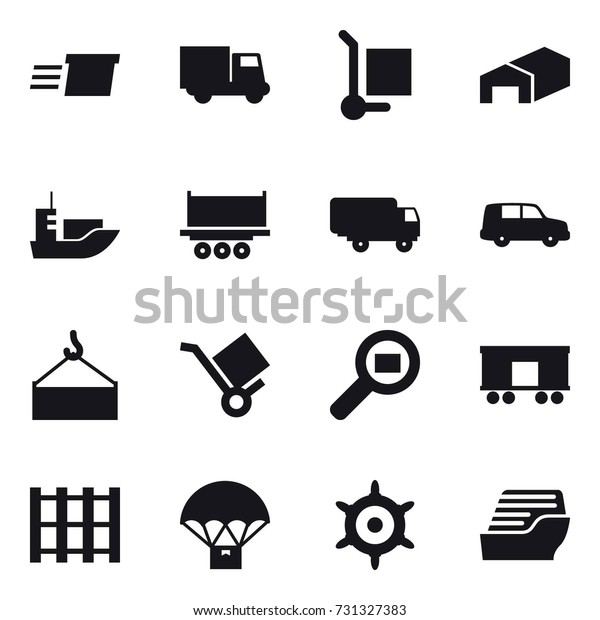 16 vector icon set : delivery,\
truck, cargo stoller, warehouse, handwheel, cruise\
ship
