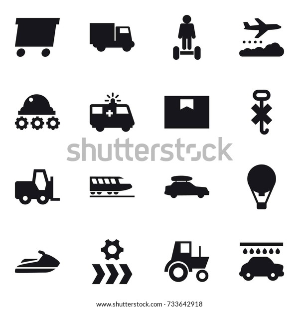 16 vector icon set : delivery, truck, hoverboard,\
weather management, lunar rover, train, car baggage, air ballon,\
jet ski, tractor, car wash