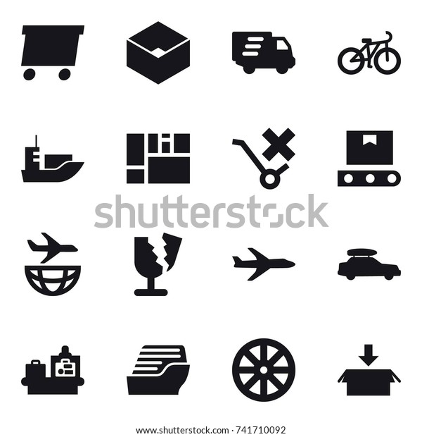 16 vector icon set\
: delivery, box, bike, plane, car baggage, baggage checking, cruise\
ship, wheel, package
