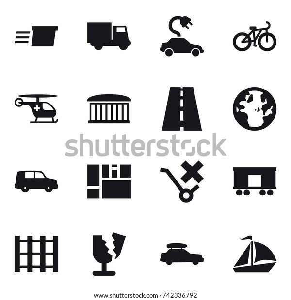 16 vector icon set :\
delivery, truck, electric car, bike, airport building, car baggage,\
sail boat