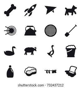 16 vector icon set : deltaplane, dog, kettle, shovel, goose, sheep, foam bucket, cleanser, sponge with foam, drying clothe, floor washing
