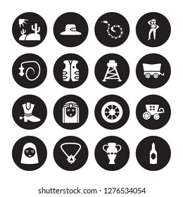 16 vector icon set : Desert Landscape, Amphora, Amulet, Arab, Carriage, Alcohol Bottle, cowboy Whip, Cowboy Boot, Tower isolated on black background