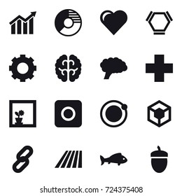 16 vector icon set : diagram, circle diagram, heart, hex molecule, gear, flower in window, ring button, field, fish, acorn