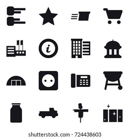 16 vector icon set : diagram, star, delivery, cart, store, info, houses, goverment house, hangare, power socket, pickup, scarecrow, clean  window