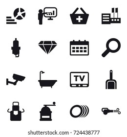 16 vector icon set : diagram, presentation, add to basket, store, spark plug, diamond, calendar, surveillance, bath, tv, scoop, apron, hand mill, blower