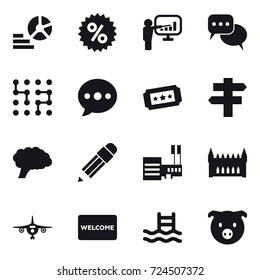16 vector icon set : diagram, percent, presentation, discussion, chip, ballon, ticket, singlepost, pencil, mall, gothic architecture, plane, welcome mat, pool, pig