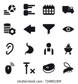 16 vector icon set : diagram, calendar, truck, virtual mining, left arrow, funnel, bbq, wasp