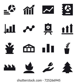 16 vector icon set : diagram, statistic, annual report, graph, presentation, graph up, flower, greenhouse, seedling, sprouting, hand leaf, spruce