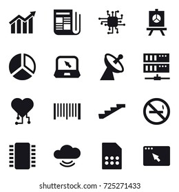 16 vector icon set : diagram, newspaper, chip, presentation, notebook, satellite antenna, server, cardio chip, barcode, stairs, no smoking