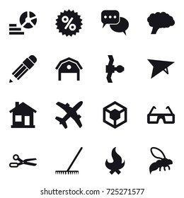16 vector icon set : diagram, percent, discussion, pencil, barn, deltaplane, home, scissors, rake, fire, wasp