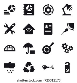 16 vector icon set : diagram, annual report, around gear, table lamp, pencil wrench, wireless home, greenhouse, pan, gears, sow, recycling, blower, do not distrub