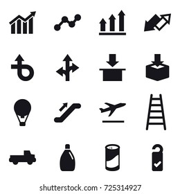 16 vector icon set : diagram, graph, graph up, up down arrow, air ballon, escalator, departure, stairs, pickup, cleanser, cleanser powder, please clean