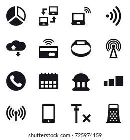 16 vector icon set : diagram, notebook connect, notebook wireless, wireless, cloude service, tap to pay, smart bracelet, antenna, phone, goverment house