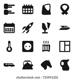 16 vector icon set : diagram, calendar, yacht, thermometer, power socket, radiator, window, kettle, horse, jug