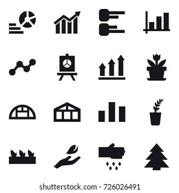 16 vector icon set : diagram, graph, presentation, graph up, flower, greenhouse, seedling, hand leaf, sow, spruce