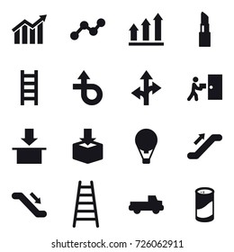 16 vector icon set : diagram, graph, graph up, lipstick, stairs, air ballon, escalator, pickup, cleanser powder