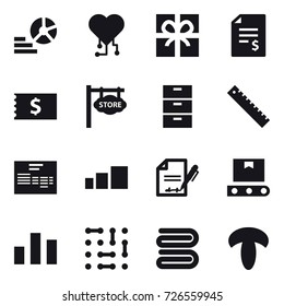 16 vector icon set : diagram, cardio chip, gift, account balance, receipt, store signboard, ruler, towel