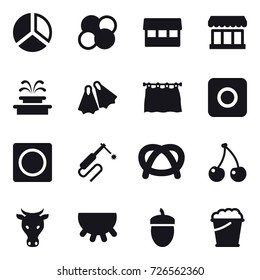 16 vector icon set : diagram, atom core, market, fountain, flippers, curtain, ring button, cherry, cow, udder, acorn, foam bucket