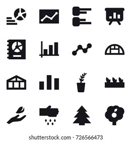 16 vector icon set : diagram, statistic, presentation, annual report, graph, greenhouse, seedling, hand leaf, sow, spruce, garden