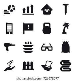 16 vector icon set : diagram, graph up, wireless home, nail, skyscraper, palm, hair dryer, plate washing, harvest, grain elevator, floor washing, stack of towels