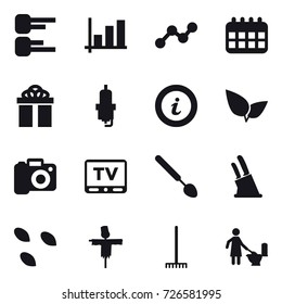 16 vector icon set : diagram, graph, calendar, gift, spark plug, info, camera, tv, big spoon, knife holder, seeds, scarecrow, rake, toilet cleaning