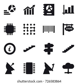16 vector icon set : diagram, annual report, graph, chip, barcode, store signboard, info, stairs, signpost, satellite antenna