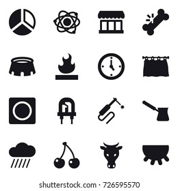 16 vector icon set : diagram, atom, market, stadium, watch, curtain, ring button, turk, rain cloud, cherry, cow, udder