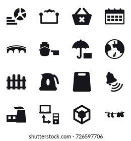 16 vector icon set : diagram, electrostatic, delete cart, calendar, bridge, earth, fence, kettle, cutting board, bell, drying clothe